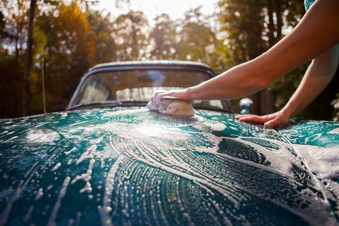 Washing car.